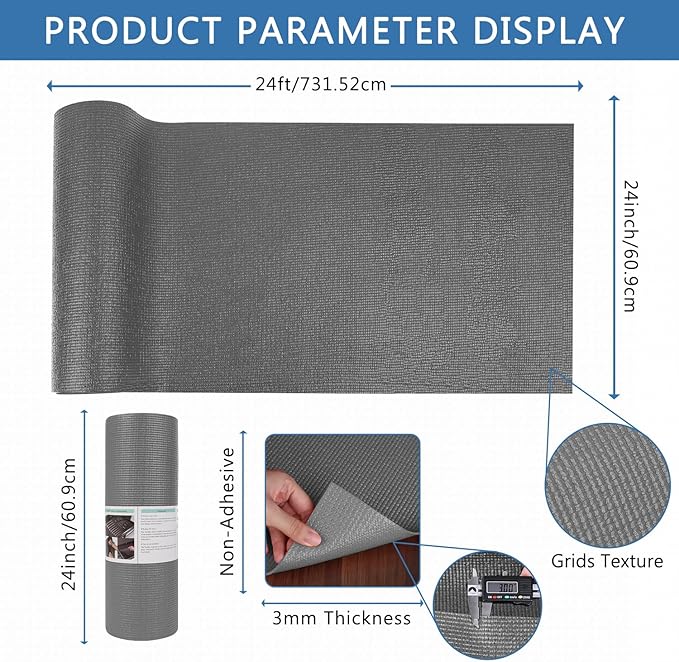 Foam Toolbox Liner Drawer Mat 1/8 Inch Thick X 24 Inch Wide X 24 Ft Long Gray, No Slip for Protecting Cabinet, Garage, Cart, Tool Box