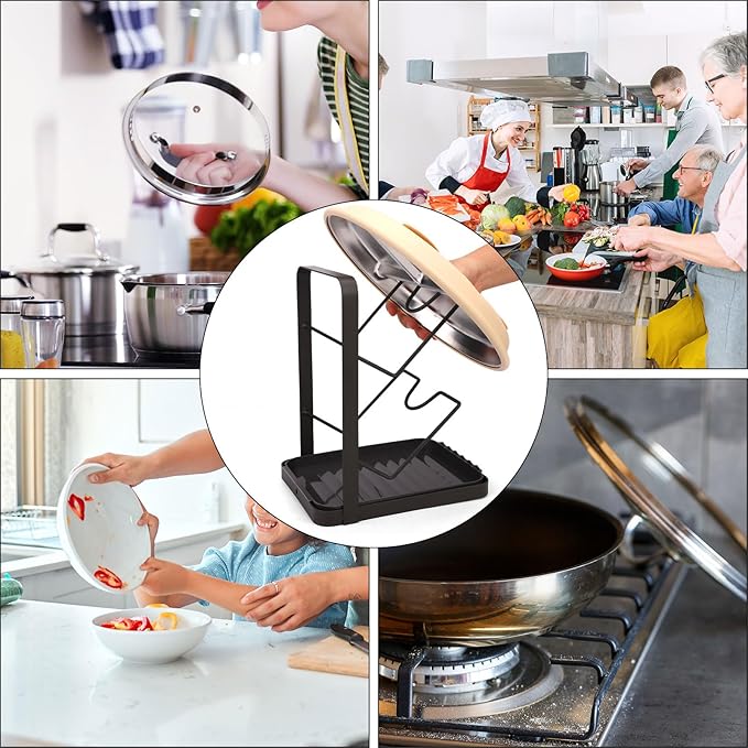 Kitchen Pot Lid Storage Rack with Drip Tray, Carbon Steel Double-Layer Pot Lid Holder While Cooking, Spoon Rest Counter Lids Stand Organizer for Pans Pots (Gun Gray)