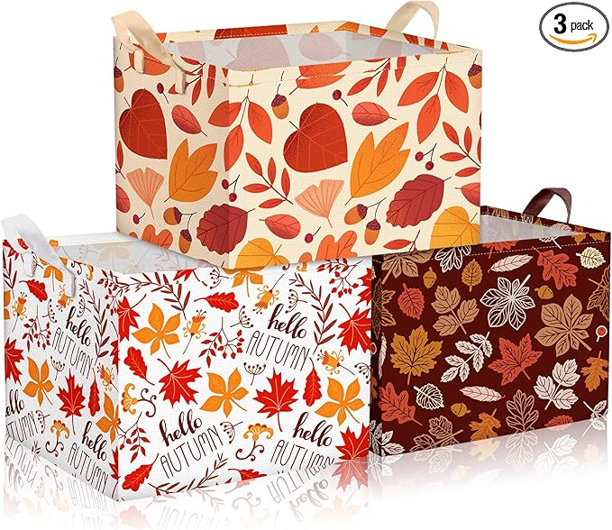 Geelin 3 Pcs Thanksgiving Storage Baskets for Gifts, Collapsible Waterproof Canvas Harvest Autumn Maple Leaf Storage Bin Organizer with Handles for Book Closet Shelf Nursery Autumn Home Decor