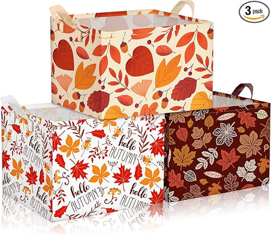 Geelin 3 Pcs Thanksgiving Storage Baskets for Gifts, Collapsible Waterproof Canvas Harvest Autumn Maple Leaf Storage Bin Organizer with Handles for Book Closet Shelf Nursery Autumn Home Decor