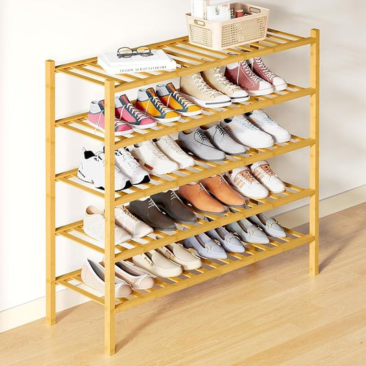 Smiry Bamboo Shoe Rack for Closet, 5 Tier Long Wooden Stackable Shoe Organizer, Free Standing Shoes Storage Shelf for Entryway, Front Door Entrance, Natural