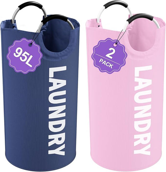 2Pcs Folding Laundry Basket for Adult, 95L Portable Laundry Baskets with Aluminum Handles, Multi-functional Dirty Clothes Hampers for Bedroom, Travel, Navy Blue + Pink