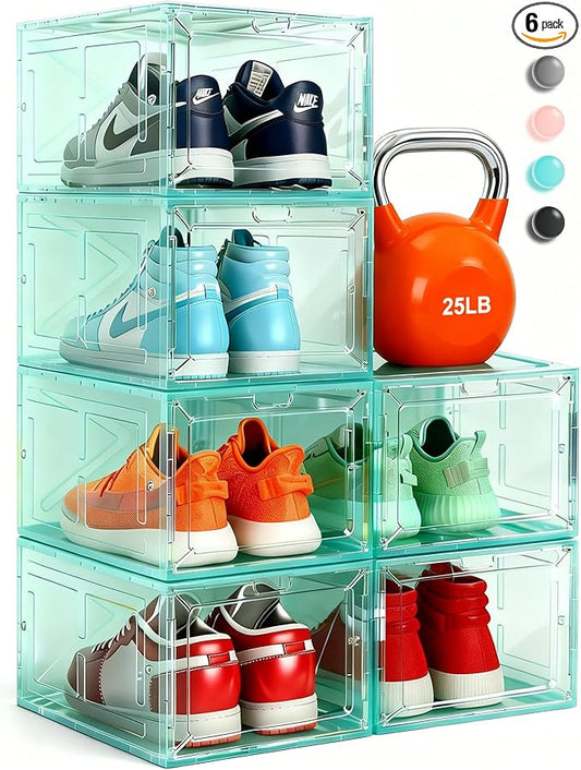 Stackable Clear Green Shoe Boxes 6 Pack with Magnetic Door, Drop Front Sneaker Storage Organizer for Closet, Large Transparent Plastic Shoe Storage Containers