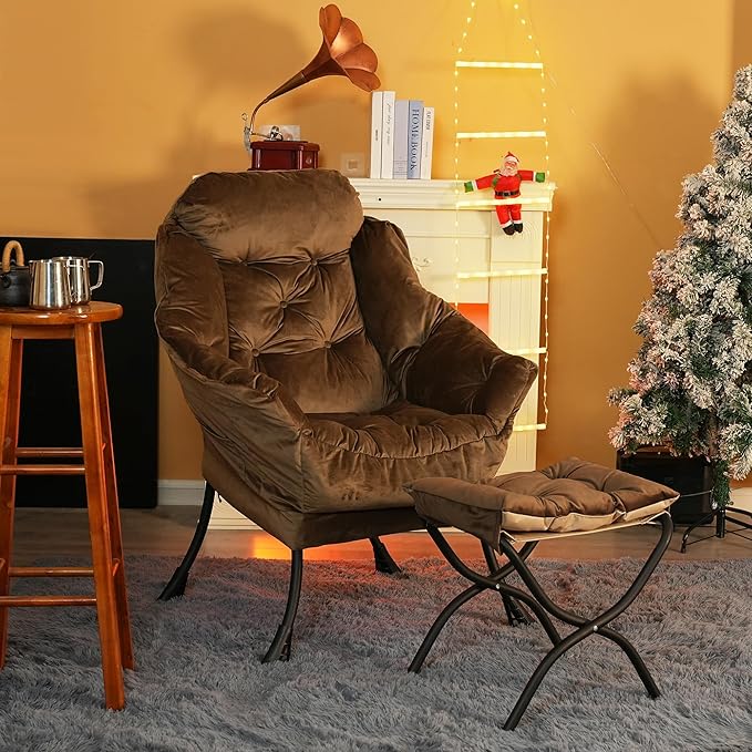 Kokel Lazy Chair with Folding Ottoman,Living Room Chairs, Accent Contemporary Lounge Chair, Single Steel Frame Leisure Sofa Chair with Armrests and A Side Pocket (Brown)