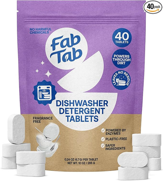 Fab Tab 100% Plastic-Free Dishwasher Detergent Tablets, Clean Ingredients, Fragrance Free, No Residue, Powerful Enzyme-Based Dishwasher Pods, 40 Count.