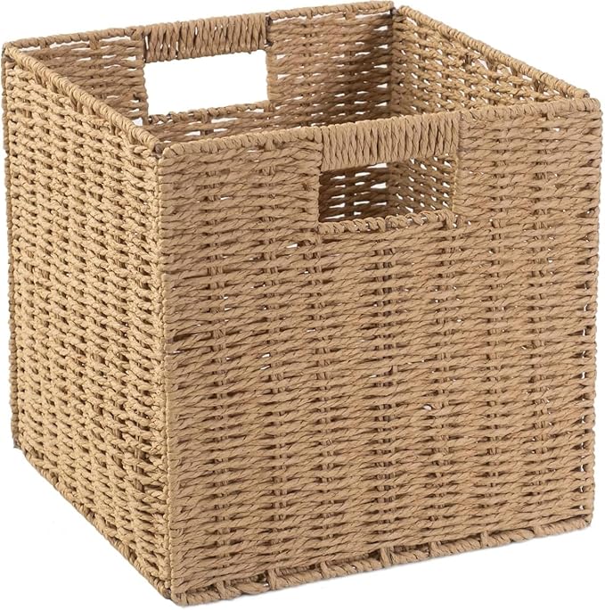 10.5x10.5'' Cube Storage Baskets, Set of 5 Natural Paper Rope Multipurpose Collapsible Organizers, Woven Laundry Totes for Laundry, Storage Cubes,Wicker Baskets Laundry Organizer Totes for Home