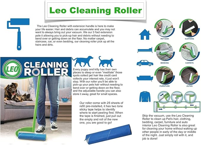 Leo Large 10-Inch Wide Lint Roller Refills 175 Sheets with extendable Handle to 45 inch for Lint Removers Household Cleaning Easily Remove Pet Hair Dust and Debris from Floors Carpets and Furniture