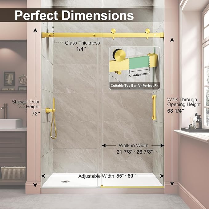 Frameless Shower Door,Single Sliding Glass Shower Door with Nano Coating & Safety Film, Adjustable 55"-60" W x 72" H, Brushed Gold,1/4" (6mm) SGCC Tempered Glass
