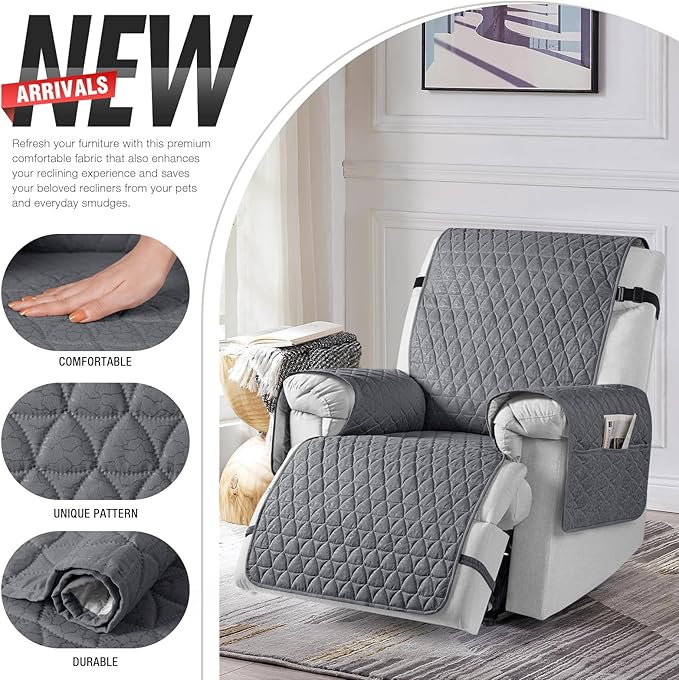 TAOCOCO 100% Waterproof Recliner Cover - Recliner Cover with Non-Slip Granule, Recliner Chair Covers with Elastic Band, Recliner Chair Covers for Reclining Chair(Dark Grey, Large-28'')