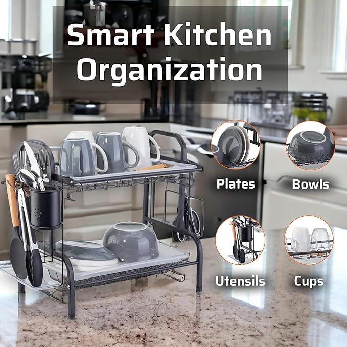 Farenheit 2-Tier Dish Rack for Kitchen Counter – Side Sink Large Black Dish Drying Rack with Utensil Holder, Sink Caddy & Cutting Board Organizer – Durable Stainless Steel Dish Strainer