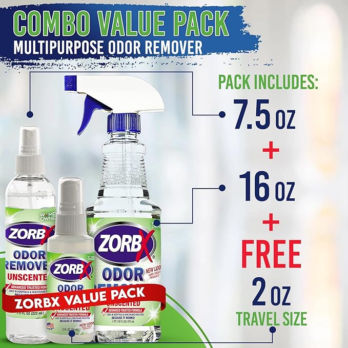ZORBX Odor Remover Bundle – Includes 16 Oz Fast-Acting Odor Remover Spray, 7.5 Oz Compact-Sized Odor Remover Spray, 2 Oz Travel-Friendly Odor Remover Spray, & 24 Oz M&M Stain and Odor Remover Spray