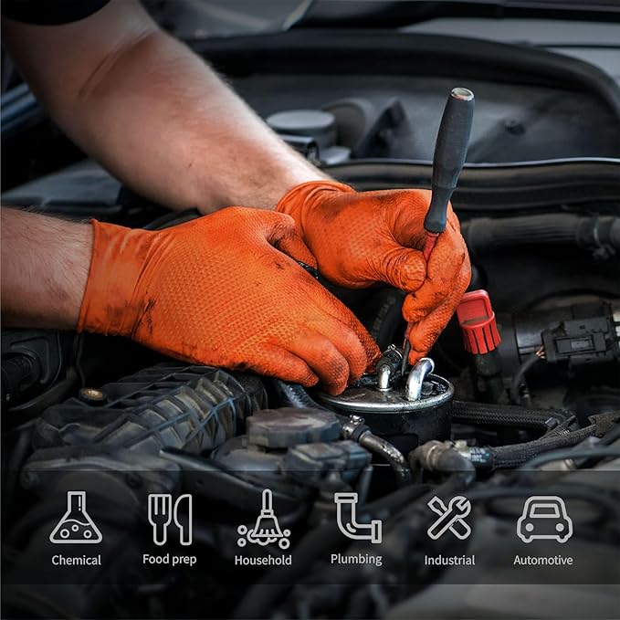 TREEGO 10 Mil Orange Nitrile Gloves Heavy Duty — High-Visibility Diamond Texture Grip, Latex Free Disposable Mechanic Rubber Gloves, XLarge, 100 Count