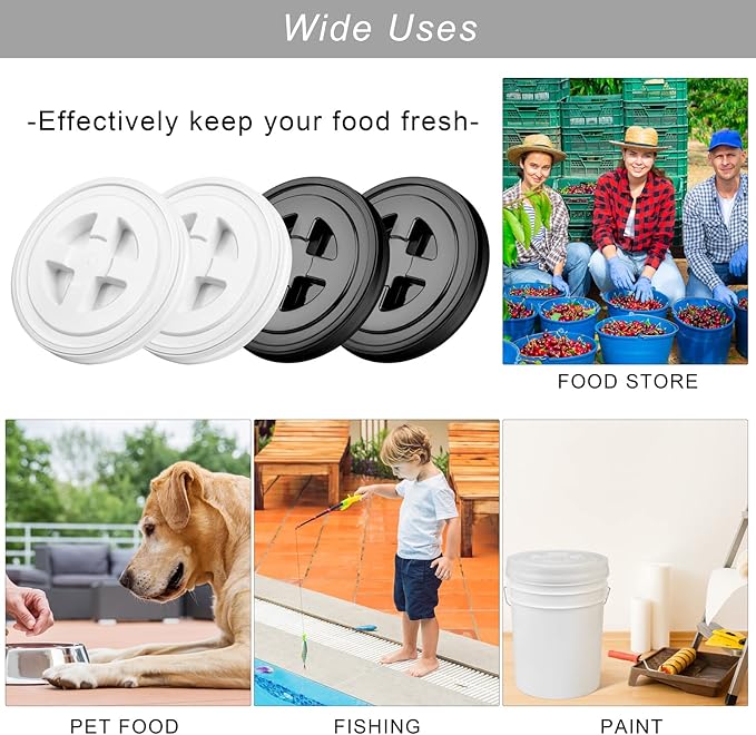 Aodaer 4 Pieces Seal Lid 5 Gallon Bucket Twist Lid Food Storage Container Lid Reusable Plastic Seal Lid Food Storage Container Lids (Black, White)