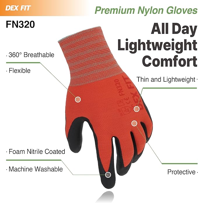 DEX FIT Nylon Work Gloves FN320, 3D Comfort Fit, Power Grip, Lightweight & Breathable, Touchscreen, Gardening, Yard Work, Warehouse, Delivery Driver Gloves; Red 8 (M) 3 Pairs