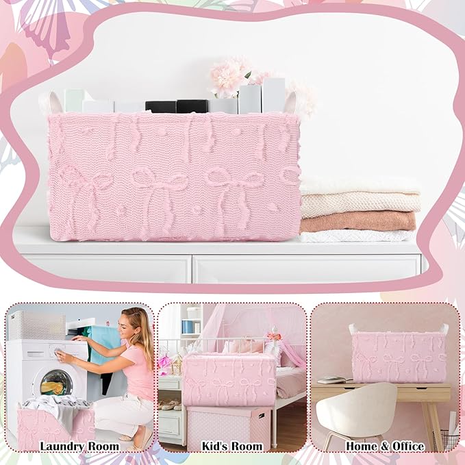 Kathfly 3 Pcs Bow Foldable Storage Baskets Plush Faux Fur Jacquard Design Laundry Basket with Handles Waterproof Storage Bins Fabric Shelf Baskets for Organizing Closet Clothes