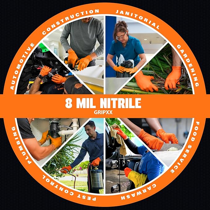 Herkules Grip Heavy Duty 8Mil Orange Nitrile Gloves,3D Raised Diamond Texture-Latex & Powder Free-Industrial, Mechanic (10, Medium)