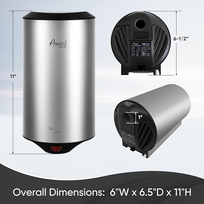 Awoco Round Compact Stainless Steel 1350W 120V Automatic High Speed Commercial Hand Dryer, UL Listed