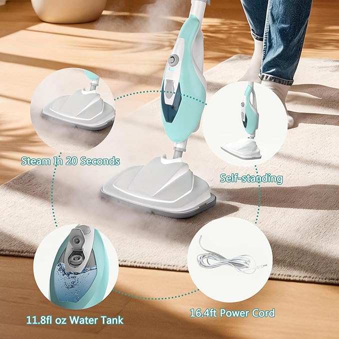 Steam Cleaner for Home, Handheld Floor Steamer Cleaner, Lightweight 12 in 1 Steam Mop Detachable Steamer for Hardwood Floor Tile Couch, 2 Washable Pads, 1550W Deep Cleaning, Green