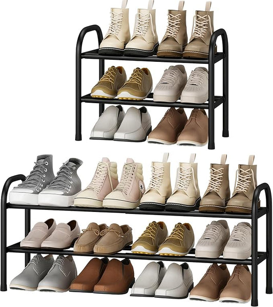 STO STO Expandable Shoe Rack, 2-Tier Metal Small Shoe Rack for Closet, Up to 12 Pairs Adjustable Shoe Rack Storage for Front Door Entrance, Free Standing Shoe Rack Organizer for Entryway, Black