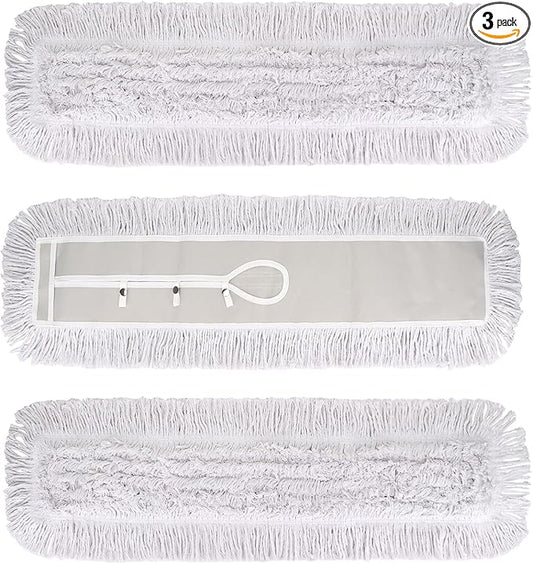 36 Inch Dust Mop Head: Replacement Medium Washable Commercial Mop Head Sweeper and Janitorial Replacement with Botton (White - 36 Inch, 3 Pack, Botton)