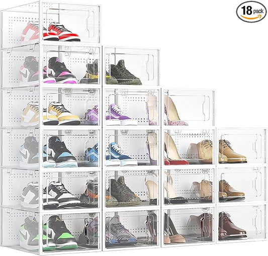 Elechomes Shoe Boxes Clear Plastic Stackable 18 Pack Premium Shoe Organizer Storage for Closet Foldable Shoe Rack Containers Sneaker Display Case Holder Shoe Bin Entryway Drawers Gifts