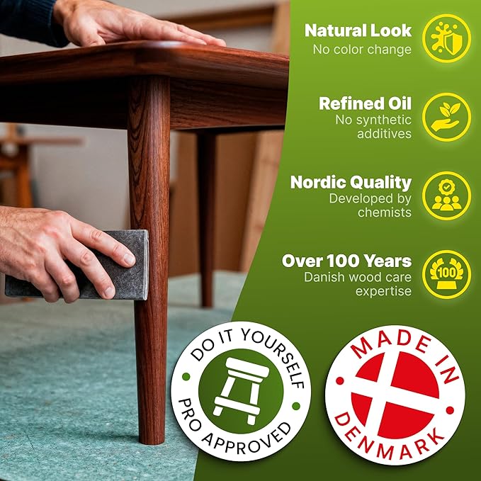 Nordicare Wood Oil Colorless - Premium Walnut Oil, Teak Oil, Wood Oil Furniture for Oak, Beech, Teak, Walnut, Pine, Larch - Natural Furniture Wood Oil - Made in Denmark - for Indoor Use (84.5 oz)