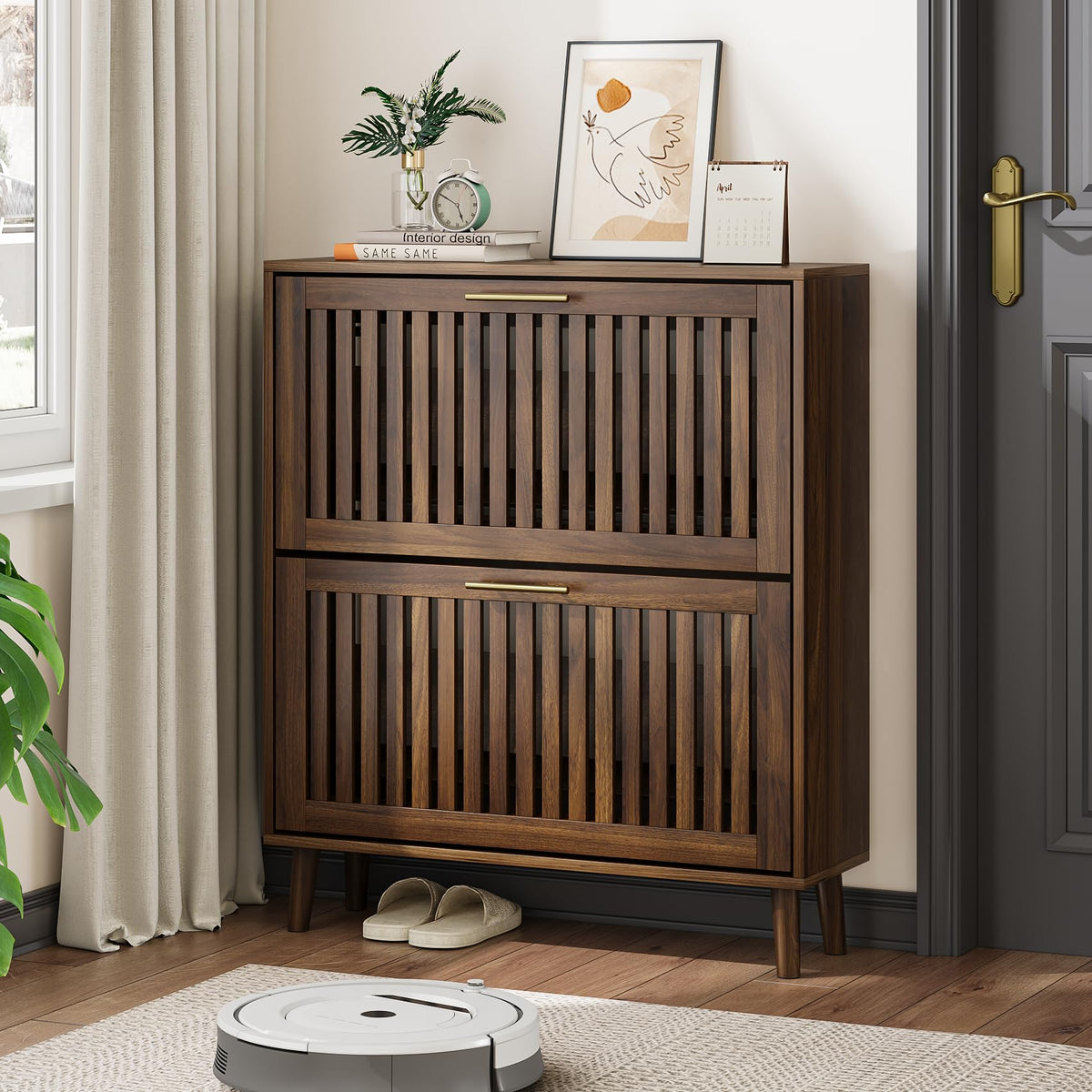 Shoe Cabinet, Shoe Storage Cabinet with Louvered 2 Flip Drawers - Image 1