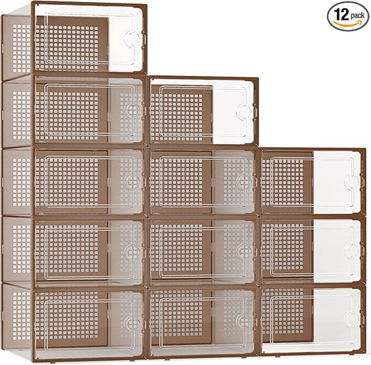Kuject X-Large Shoe Storage Boxes Organizers for Closet 12 Pack, Fit Size 11,Clear Plastic Stackable Sneaker Containers for Entryway, Space Saving Shoe Rack, Brown