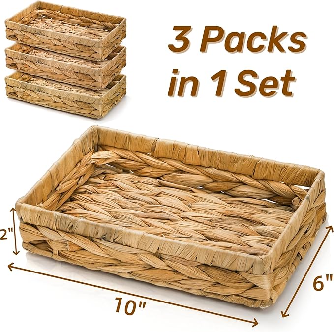 3 Packs Wicker Storage Trays, 10" Rattan Vanity Trays, Handwoven Toilet Paper Holder for Bathroom Towel, Rectangular Water Hyacinth Organizer for Countertop, Tank Topper, Shelves