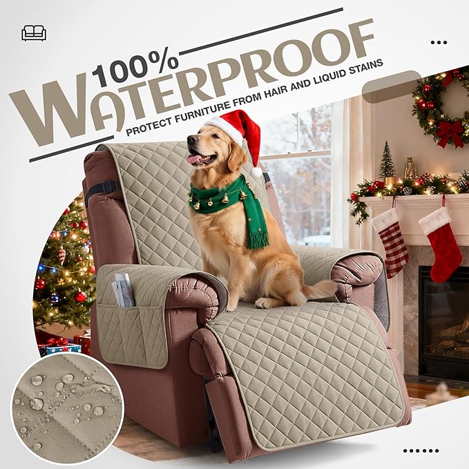 KinCam 100% Waterproof Recliner Chair Cover, Reclining Couch Covers for Pets, Dogs, Recliner Couch Slipcover Furniture Protector with Elastic Straps for Kids(25", Khaki)
