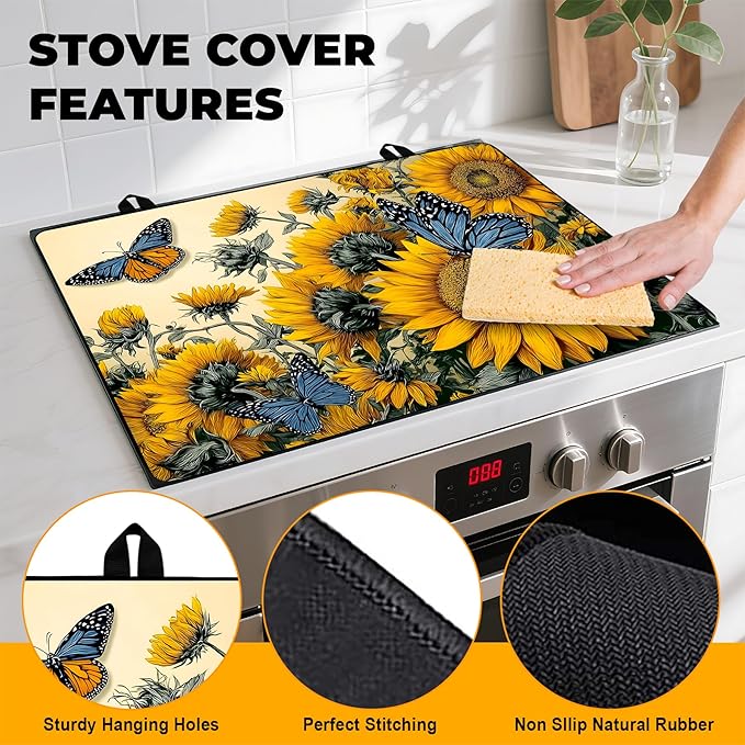 Happy Easter Stove Top Cover Flower Eggs Cute Rabbit Gas Stove Top Cover for Home Decoration Kitchen St. Patrick Day Pad Non-Stick Washable Cooktop Covers Countertop Protector (sunflower, 28" x 20")