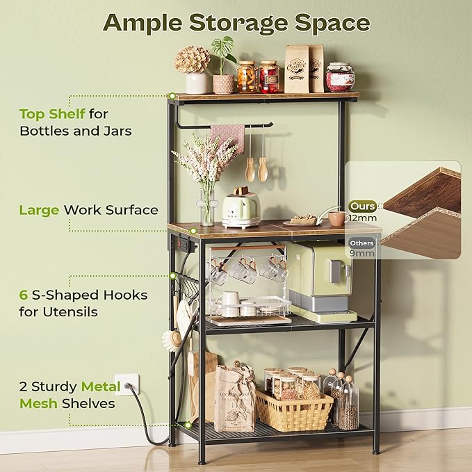 Huuger 4-Tier Bakers Rack with Reversible Power Outlet, 23.6 Inch Microwave Stand with Paper Towel Holder, Kitchen Bar, Larger Storage with Top Shelf, 6 S Hooks, Rustic Brown