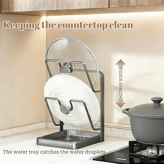 304 Stainless Steel Kitchen Pot Lid Storage Rack, Pot Lid Holder while Cooking, Pot Lid Organizer with Removable Tray & Spoon Rest,Waterproof & Rustproof (Grey, 2 Layer)