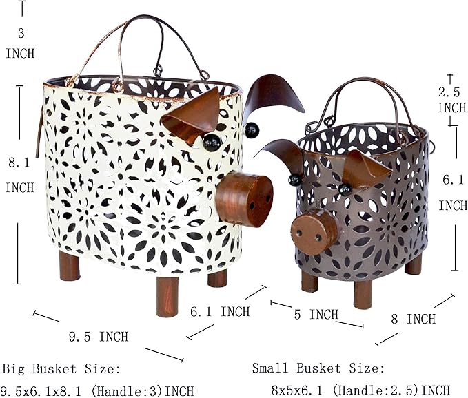 Zoreal Metal Decorative Small Baskets,Narrow Baskets with Handles for Storage,Pig Designs Farmhouse Cute Basket for Kitchen,Bathroom,Livingroom,Office Shelf Decor Aesthetic set of 2