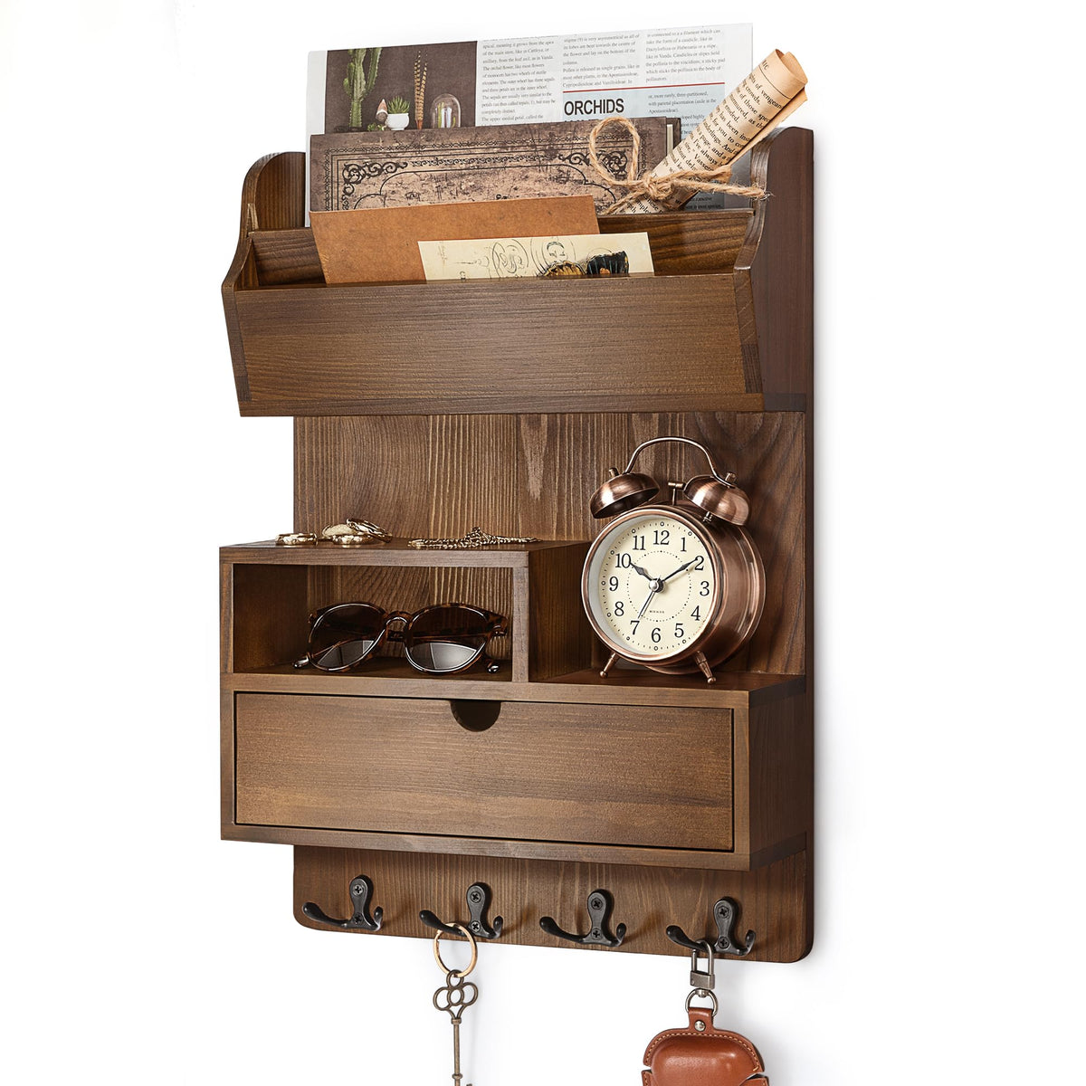 Pine Wood Key Holder Wall Mount with Drawer & 4 Hooks, Brown - Image 1