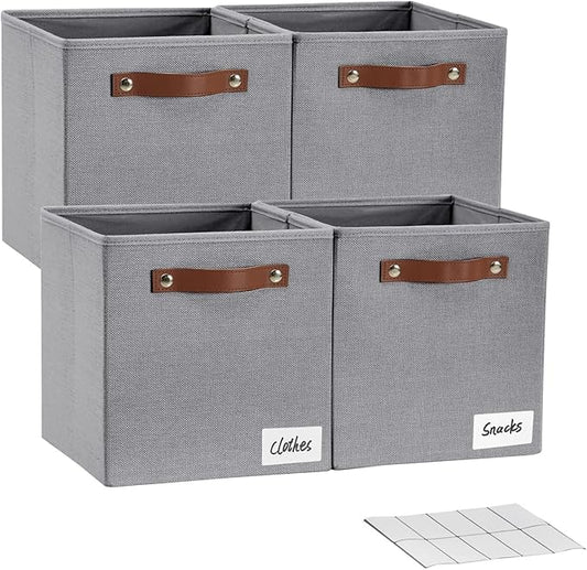 Collapsible Fabric Storage Cube Bins with 2 Reinforced PU Handles, Foldable Storage Organizer Baskets for Closet, Shelves, Living Room | 11"x11"x11", 4 Pack, Full Gray