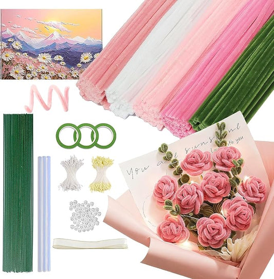 500PCS Pipe Cleaners Craft for Flower - 5 Assorted Colors Chenille Stems Pipe Cleaners Bulk 25sturdy floral stems, 200Stamens, Ribbon, Glue Sticks & Pearls for DIY Bouquets & Home Decor(Pink)