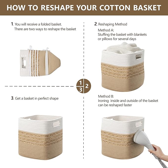 UBBCARE Set of 3 Storage Cubes 11 X 10.5 X 10.5 in, Water Hyacinth Storage Bins for Shelves, Toys, Book, Storage Baskets with Handles, Cotton Rope Woven Baskets for Organizing, Brown