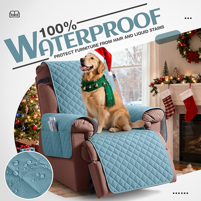 KinCam 100% Waterproof Recliner Chair Cover, Reclining Couch Covers for Pets, Dogs, Recliner Couch Slipcover Furniture Protector with Elastic Straps for Kids(28", Light Blue)