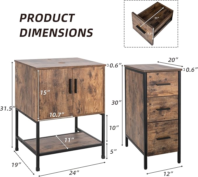 eclife 36" Bathroom Vanity Sink Combo Modern Metal Stand Cabinet W/Bottom Shelf & Storage Side Cabinet White Square Vessel Sink & Water Save Faucet & Pop Up Drain, Rustic Brown (A07)