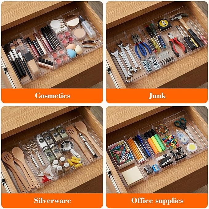 2 Pcs Large Expandable Acrylic Drawer Organizers, Grid Adjustable Drawer, Dividers Organizer for Desk, Makeup, Jewelry, Office, Kitchen Supplies (Transparent,11 Compartments)