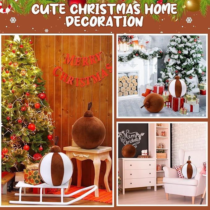 2 Pcs Christmas Pillows 7 Inch Round Christmas Ornament Shaped Throw Pillow Cute 3D Ball Xmas Throw Cushion Decoration for Bed Couch Sofa Chair Living Room(Brown and White)