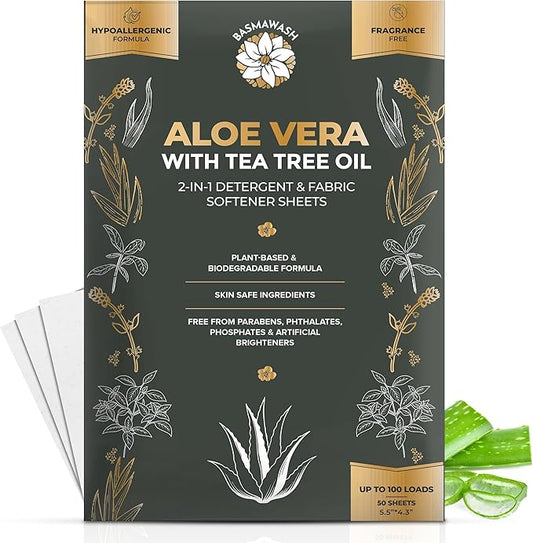 Natural Laundry Detergent Sheets & Fabric Softener | Eco-Friendly|Fragrance-Free & Hypoallergenic Up to 100 Loads | Aloe Vera & Pure Tea Tree Oil | Plant-Based, Biodegradable, Enzyme Powered,Baby Safe
