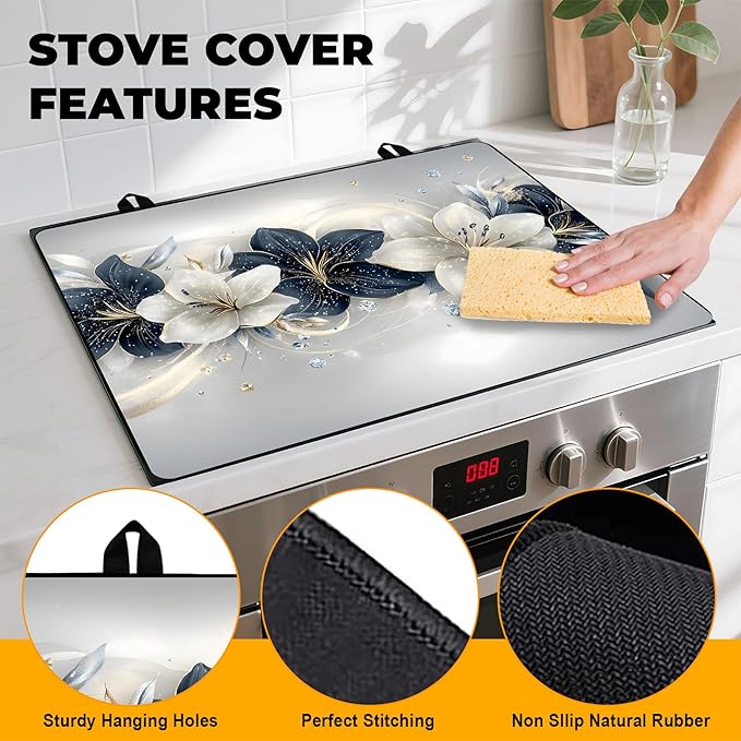 Stove Top Cover Retro Flower Gas Stove Top Cover for Home Decoration Kitchen Pad Non-Stick Washable Cooktop Covers Countertop Protector Keep Stove Clean 28"x20" (Flower)