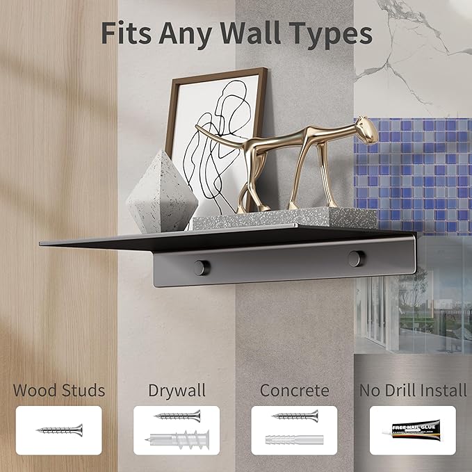 Danpoo Black Floating Shelves for Wall Storage, Metal Wall Shelves for Living Room, Bathroom, Kitchen, 12” Small Display Shelves for Collectibles(2 PCS)