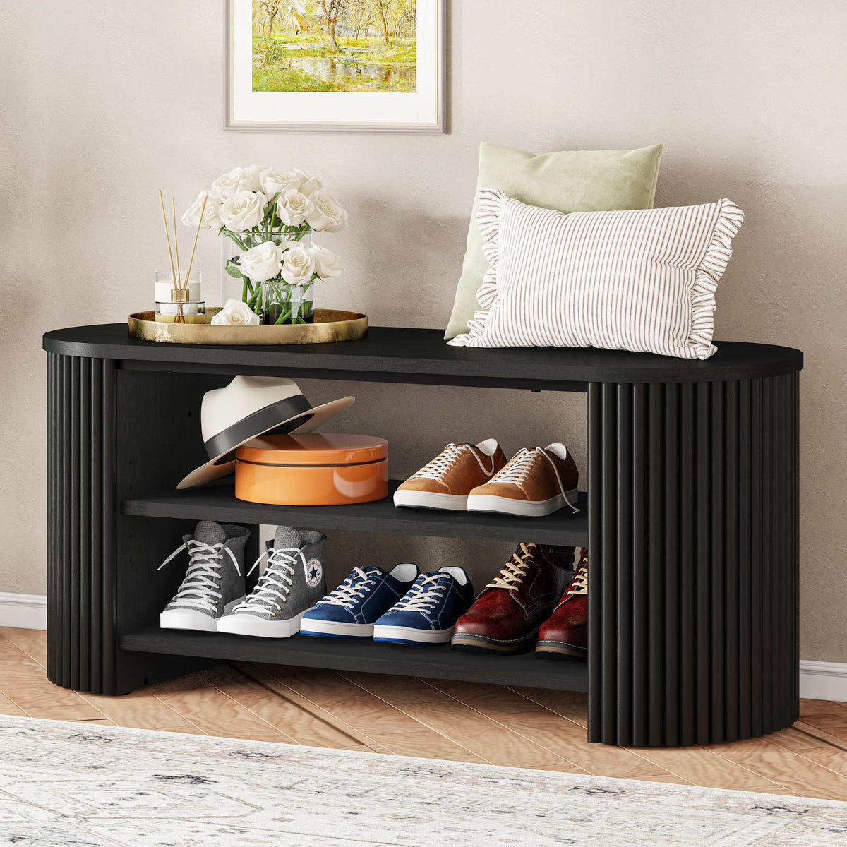 Oval Fluted Entryway Bench, Wood Shoe Bench | Home Organization - Image 1