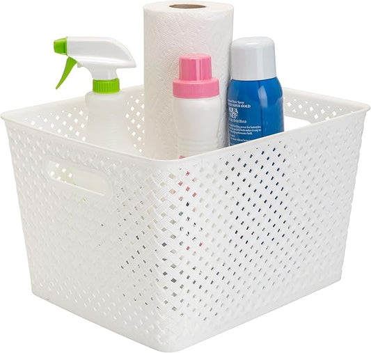 Simplify Large Resin Wicker Tote | Storage Bin | Plastic Organizer | Carrying Handles | Bathroom | Pantry | Accessories | Toys | White