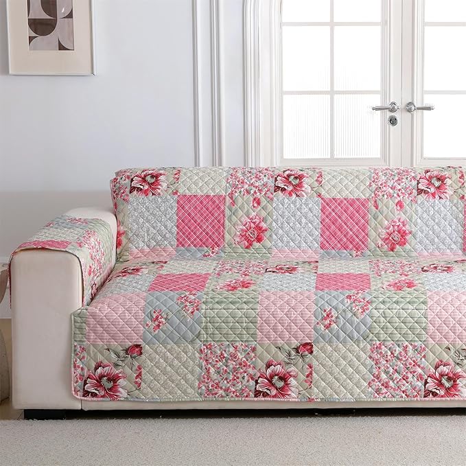 Cmfshape Skidproof Sofa Cover-Patchwork Sofa Slipcover with Elastic Straps-Easy Fit Slip Cover-Rose Washable Furniture Protector for Pets and Kids(Sofa,Pink&Grey)