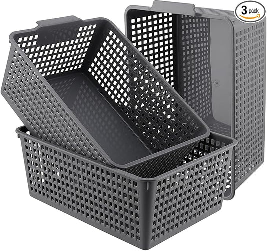 3 Pack Large Plastic Storage Baskets, 14.3 x 10.2 x 5.7 Inch Grey Storage Bins, Stackable Plastic Woven Basket Organizer Tray for Pantry Organization