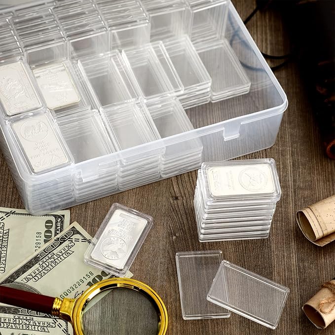 Batiyeer 100 Pcs 1 oz Silver Bar Case Holder Clear Acrylic Bar Capsule Storage Container for 1 Ounce Holder with Plastic Storage Box for Collectors Investors
